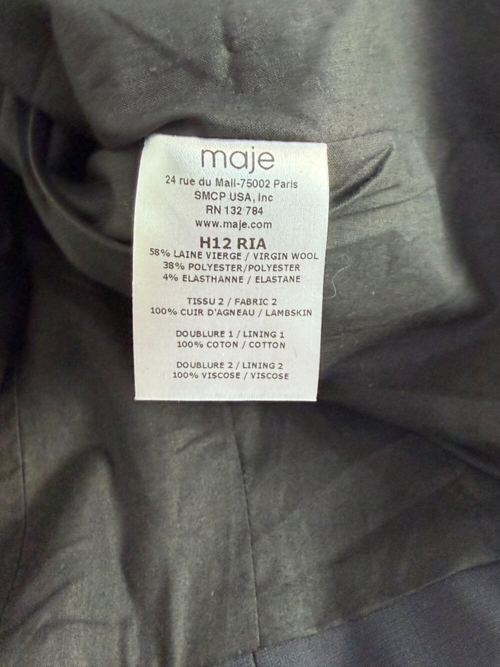 Maje Womens Wool Blazer Jacket Lambskin Leather Trim Fitted Black Size 36/S - Picture 4 of 11